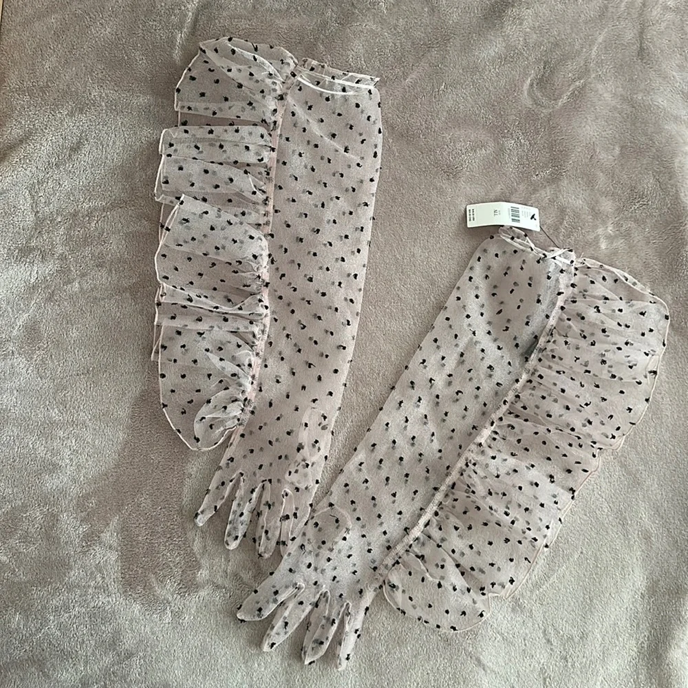 Anthropologie Sheer Polka Dot Ruffle Gloves in Blush and Black